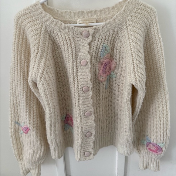 LoveShackFancy Sweaters - LoveShackFancy Cream Cardigan with Pink Floral Embroidery